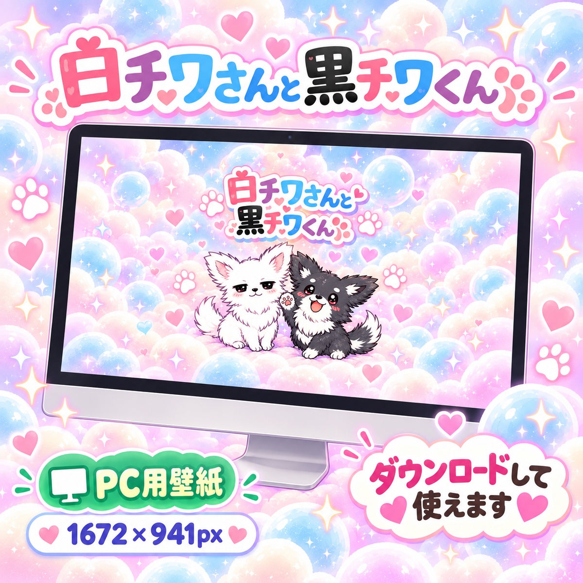 白チワワさんと黒チワくん PC用壁紙プレビュー